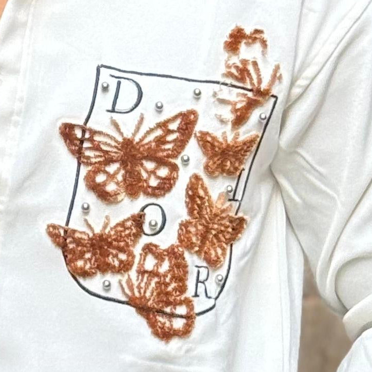 Butterfly Pocket Embroidery Off White Regular Fit Shirt