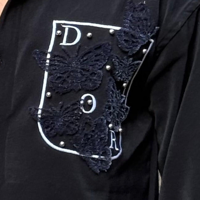 Butterfly Pocket Embroidery Black Regular Fit Shirt