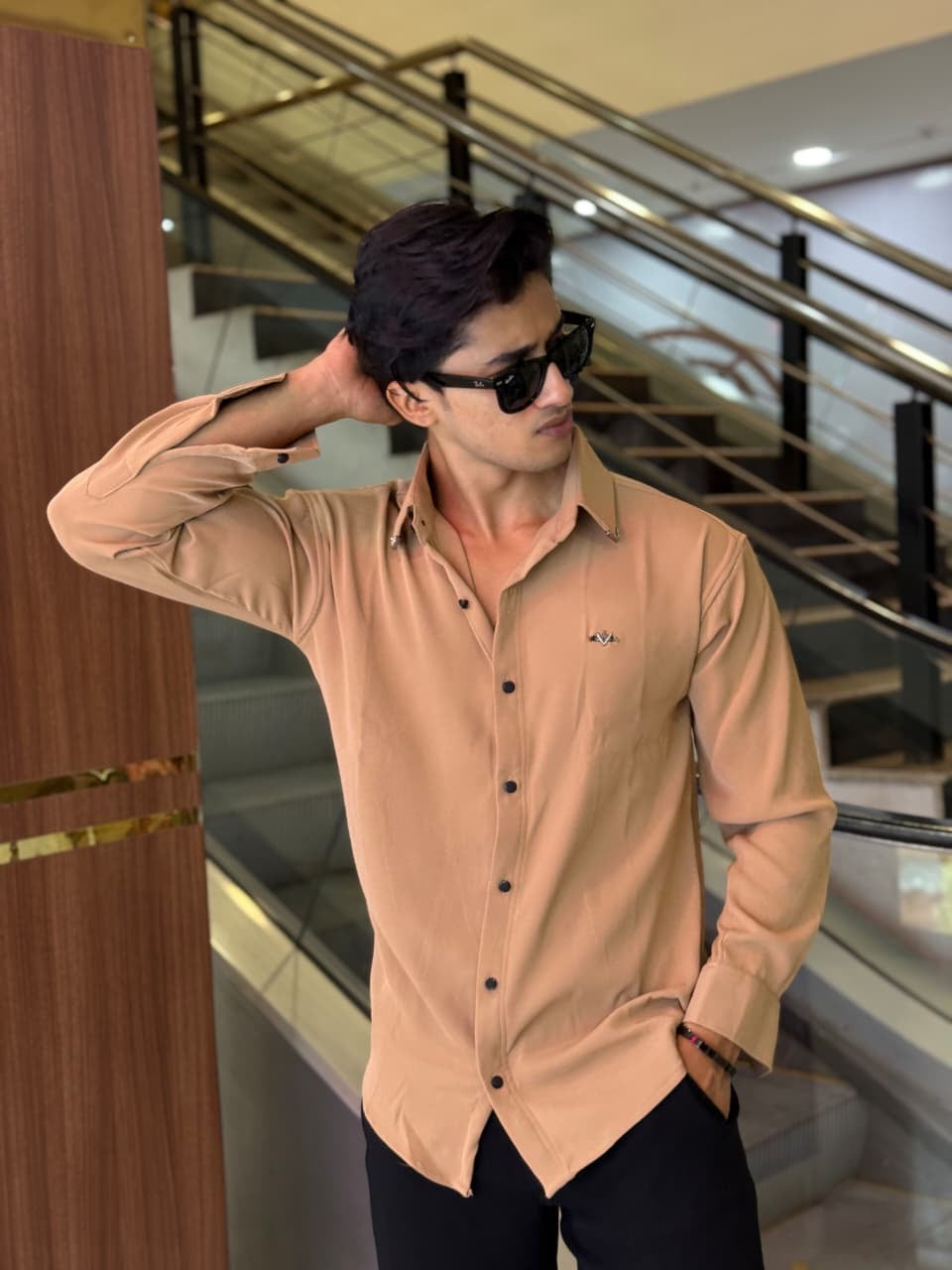 Beige Plain Korean Fabric Regular Fit Shirt