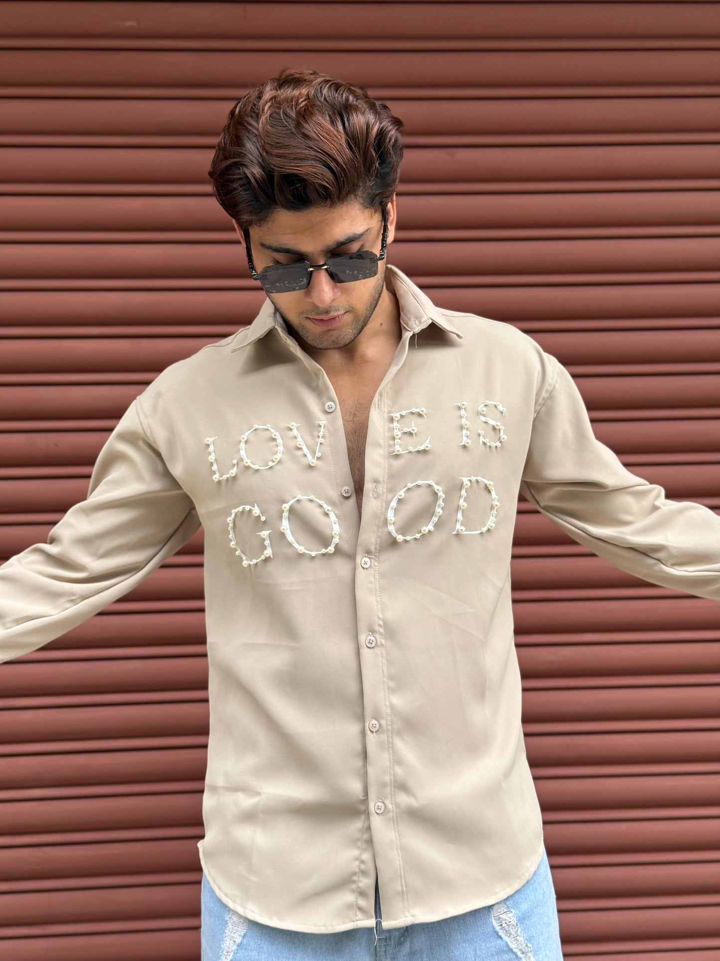 LOVE IS GOOD studded Creme Regular Fit Shirt