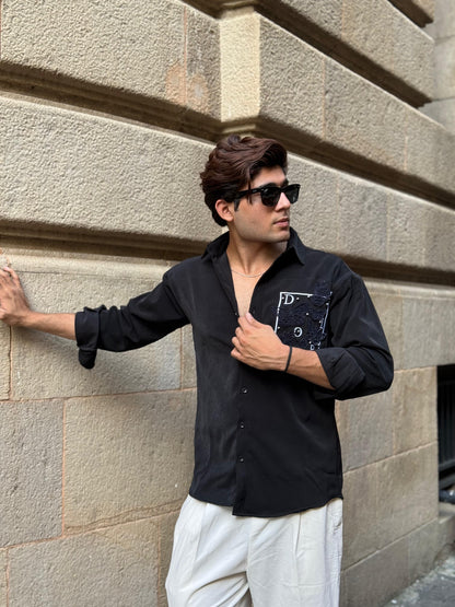 Butterfly Pocket Embroidery Black Regular Fit Shirt