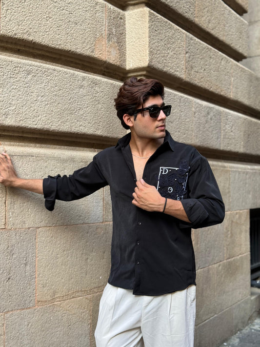 Butterfly Pocket Embroidery Black Regular Fit Shirt