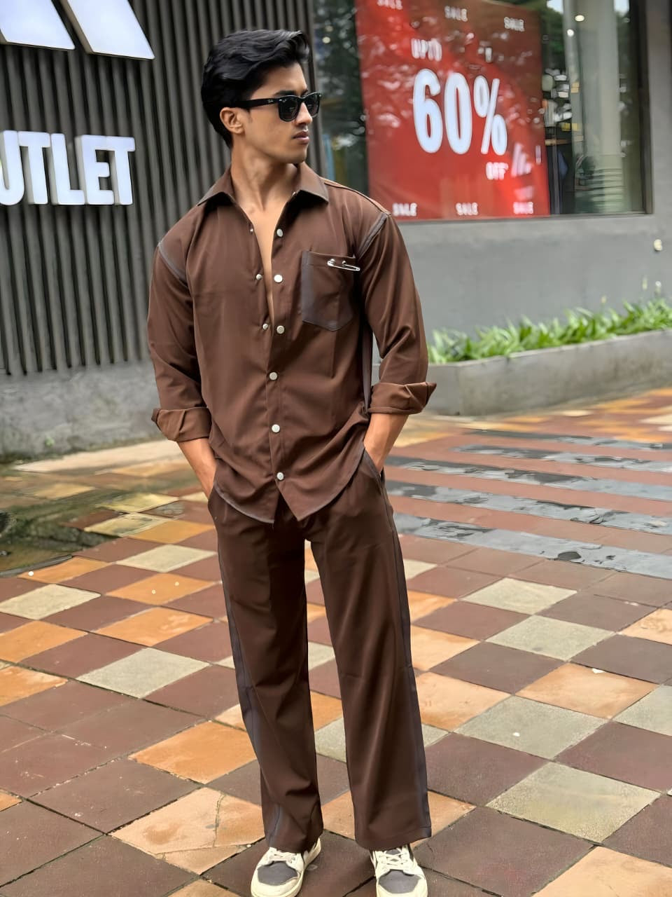 Brown Washed Fabric Regular Fit Cord Set (Shirt + Pant)