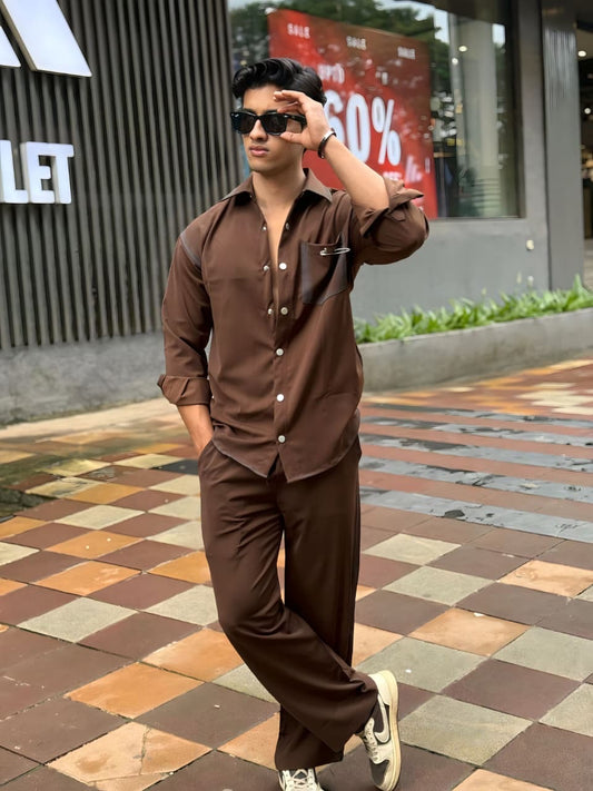 Brown Washed Fabric Regular Fit Cord Set (Shirt + Pant)
