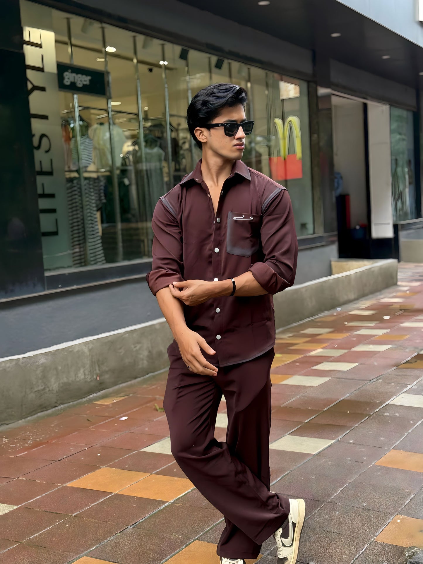 Maroon Washed Fabric Regular Fit Cord Set (Shirt + Pant)