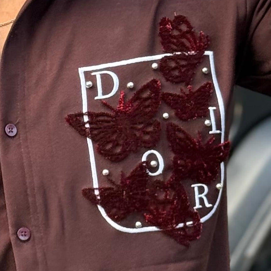 Butterfly Pocket Embroidery Brown Regular Fit Shirt