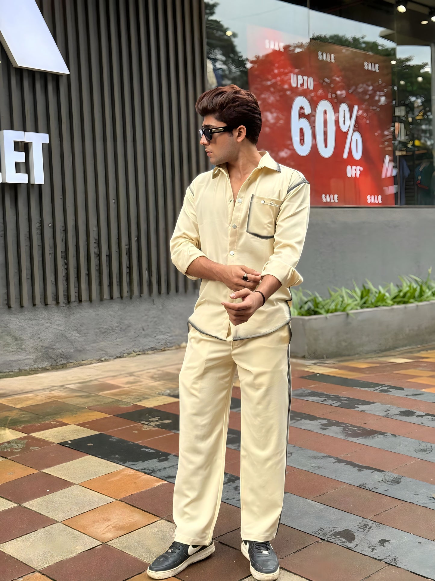 Creme Washed Fabric Regular Fit Cord Set (Shirt + Pant)