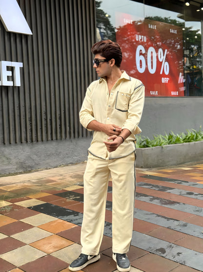 Creme Washed Fabric Regular Fit Cord Set (Shirt + Pant)