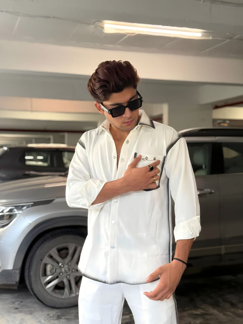 White Washed Fabric Regular Fit Cord Set (Shirt + Pant)