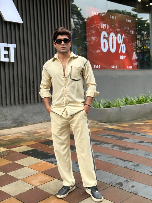Creme Washed Fabric Regular Fit Cord Set (Shirt + Pant)