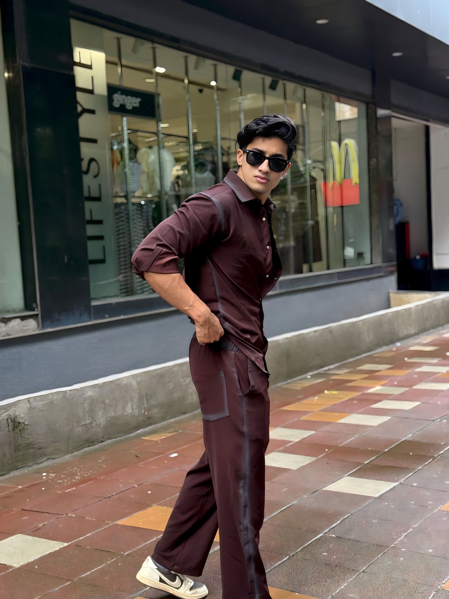 Maroon Washed Fabric Regular Fit Cord Set (Shirt + Pant)