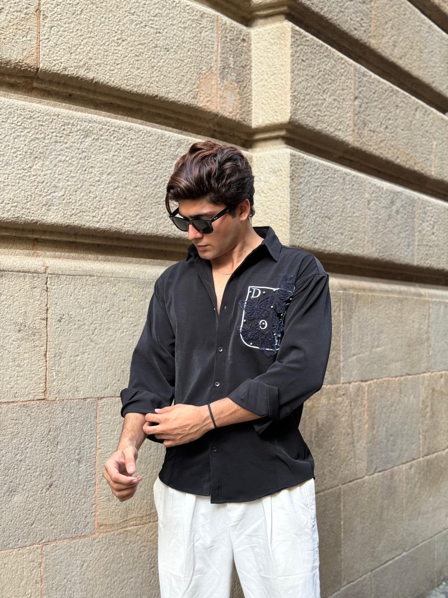 Butterfly Pocket Embroidery Black Regular Fit Shirt