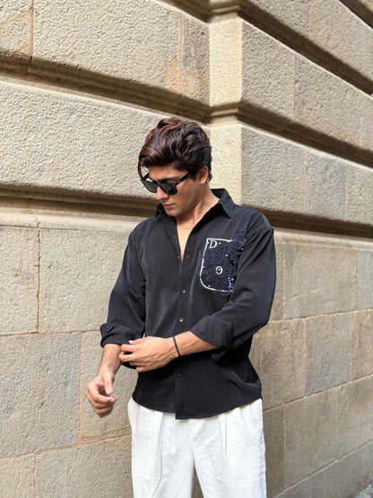 Butterfly Pocket Embroidery Black Regular Fit Shirt