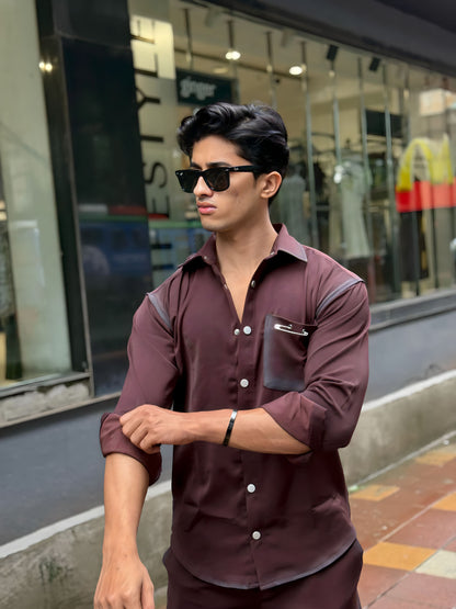 Maroon Washed Fabric Regular Fit Cord Set (Shirt + Pant)