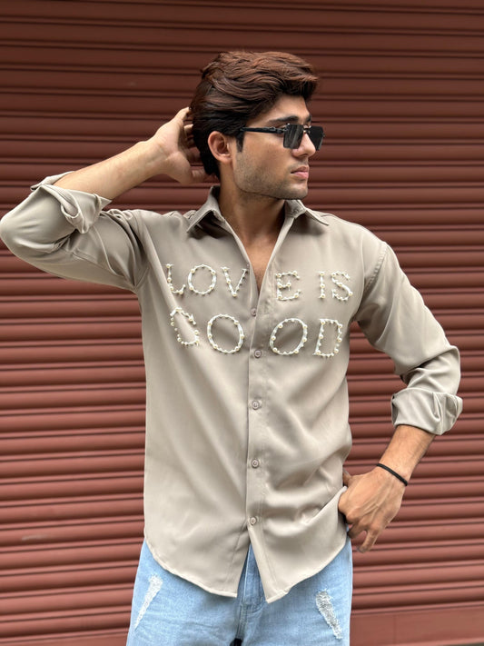 LOVE IS GOOD studded Grey Regular Fit Shirt