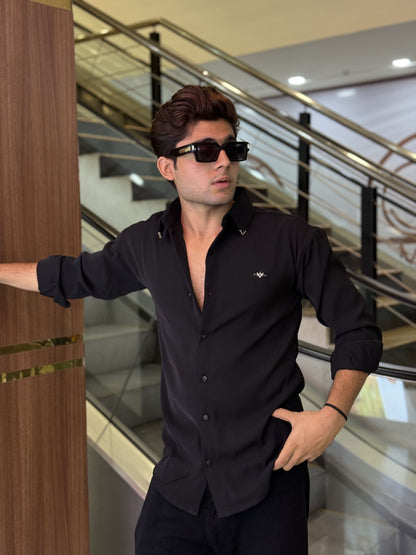 Black Plain Korean Fabric Regular Fit Shirt