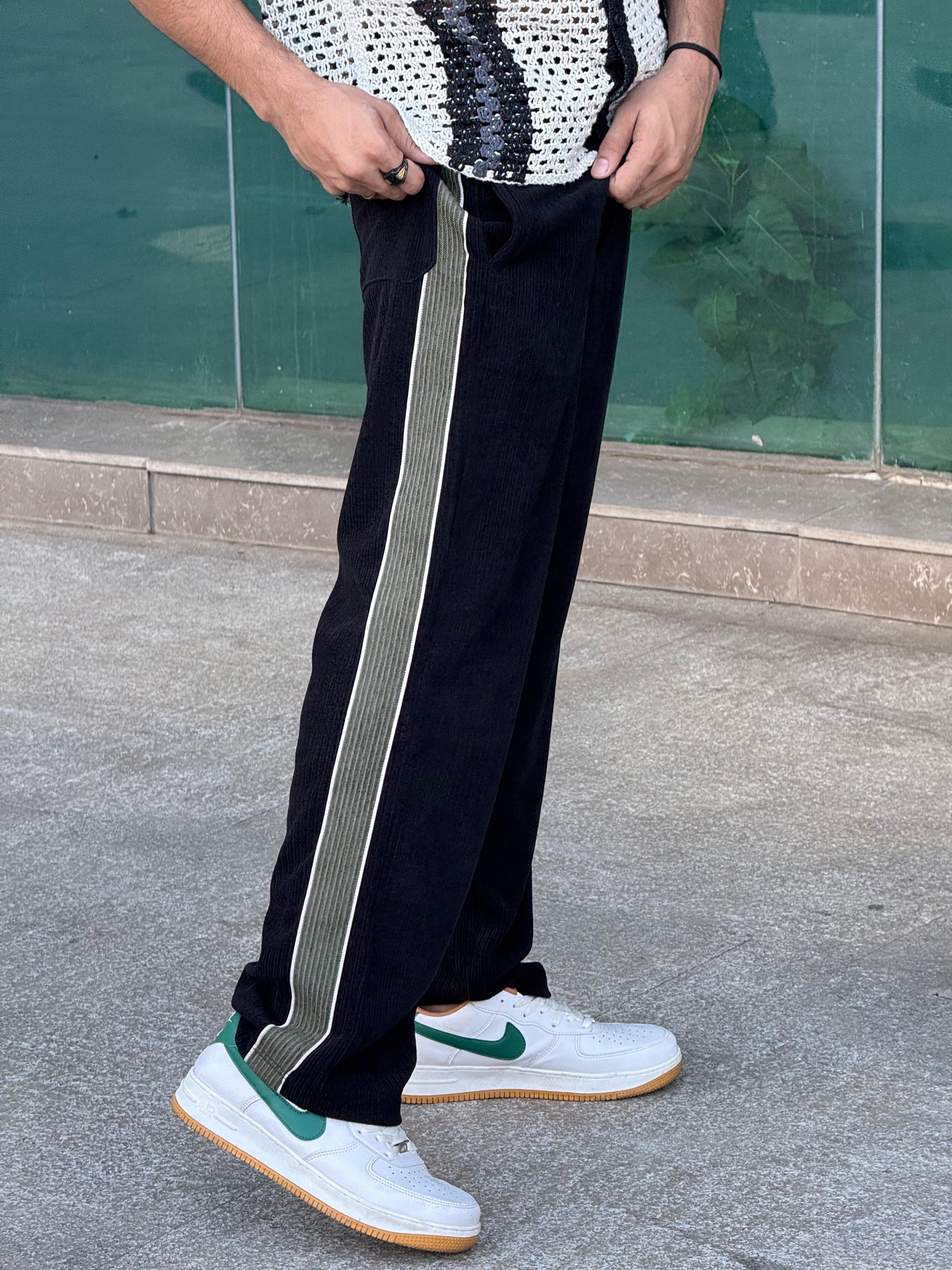 Black Contrast Tape Baggy Trackpant