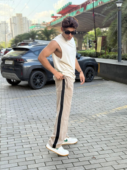 Beige Contrast Tape Baggy Trackpant