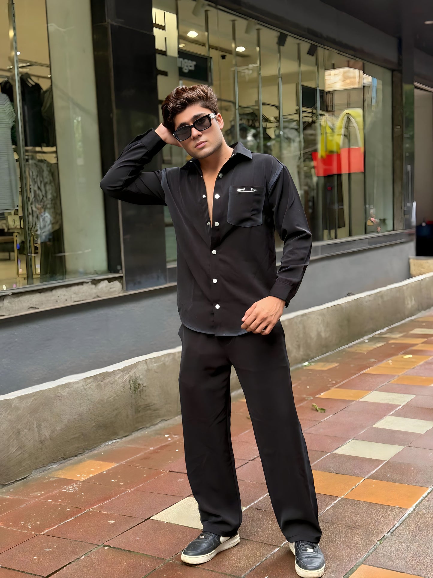 Black Washed Fabric Regular Fit Cord Set (Shirt + Pant)