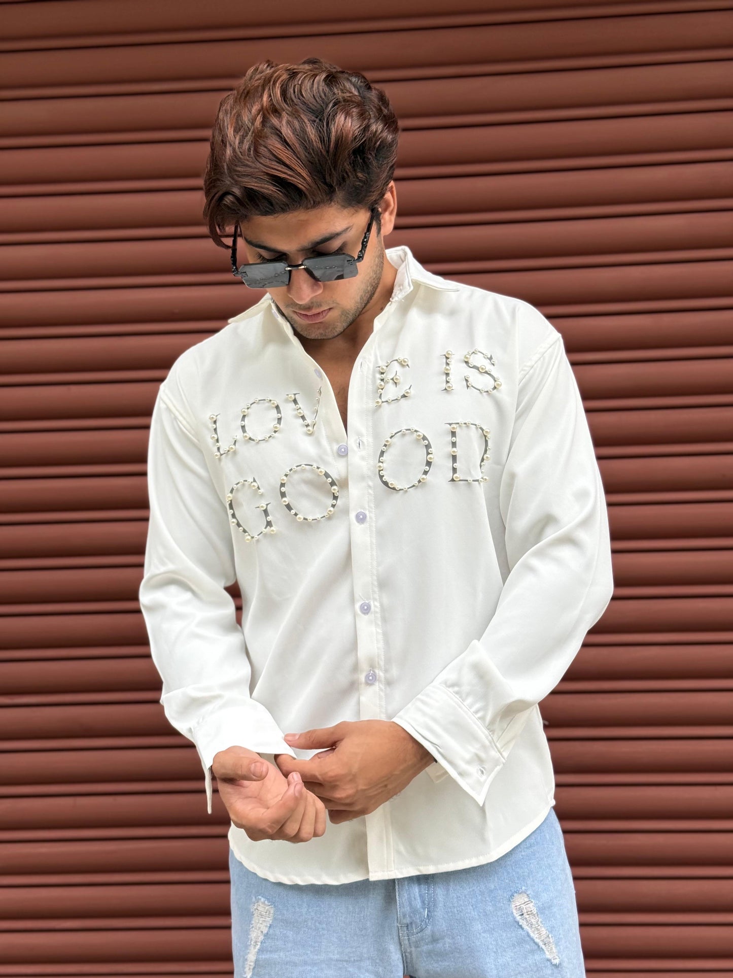 LOVE IS GOOD studded White Regular Fit Shirt