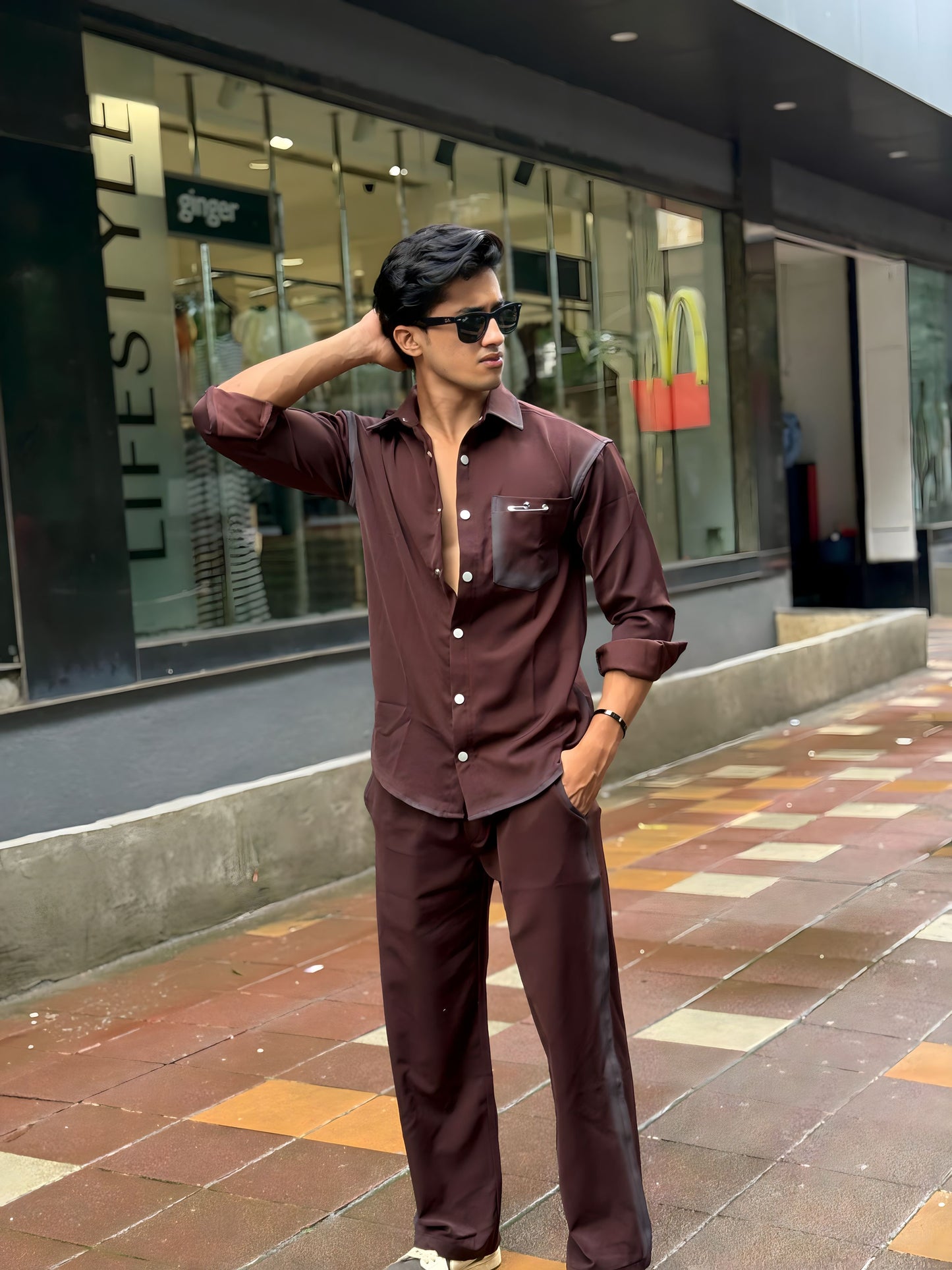 Maroon Washed Fabric Regular Fit Cord Set (Shirt + Pant)