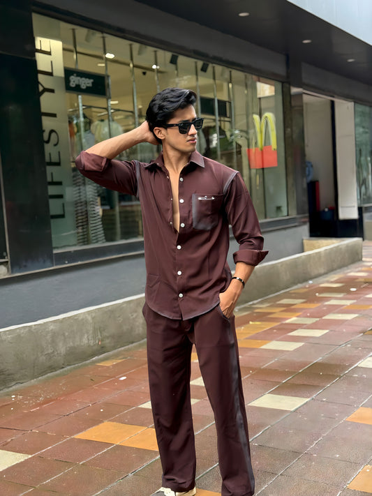 Maroon Washed Fabric Regular Fit Cord Set (Shirt + Pant)
