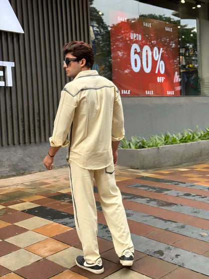 Creme Washed Fabric Regular Fit Cord Set (Shirt + Pant)