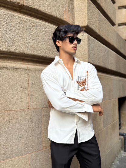 Butterfly Pocket Embroidery Off White Regular Fit Shirt