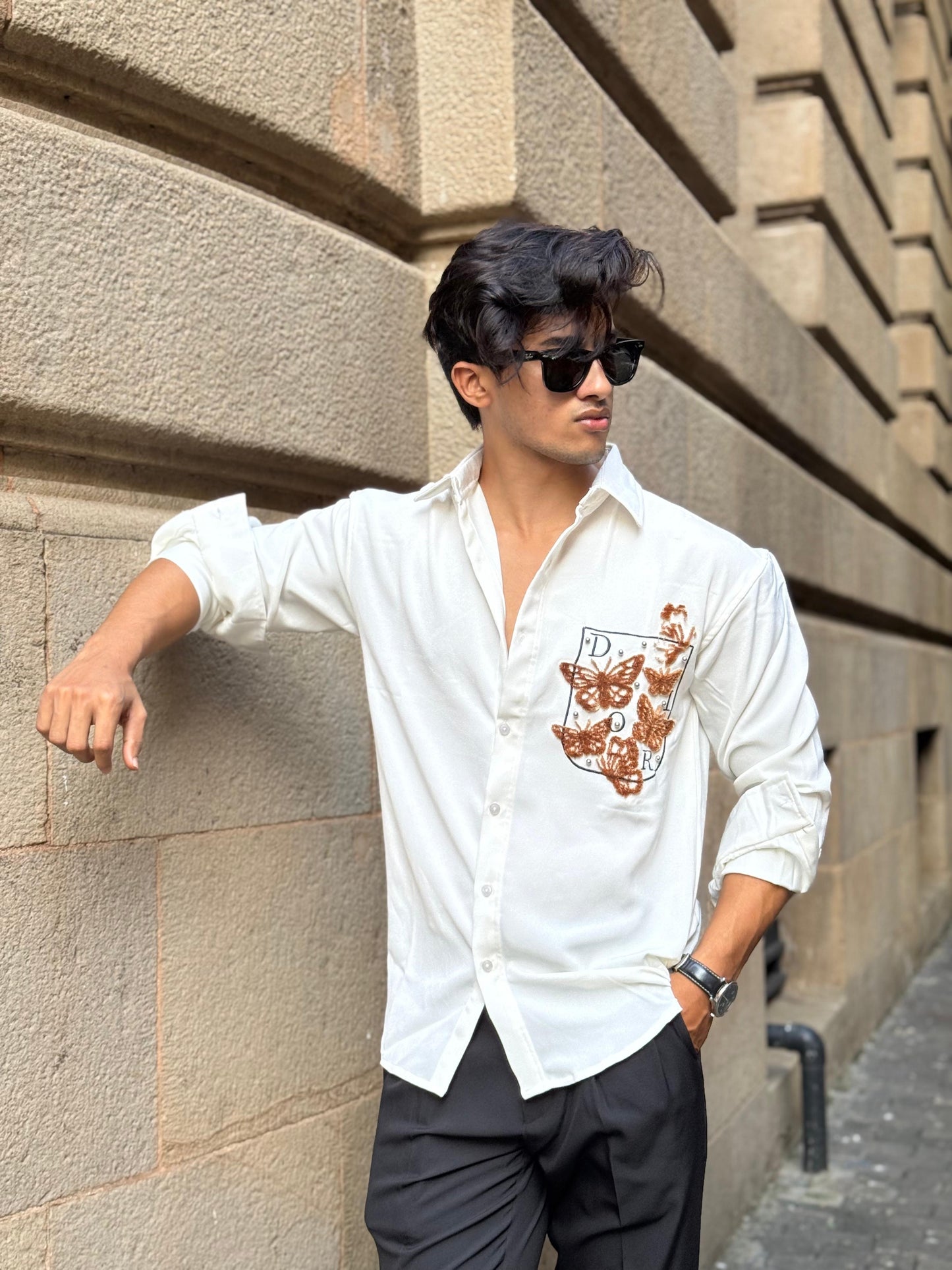 Butterfly Pocket Embroidery Off White Regular Fit Shirt