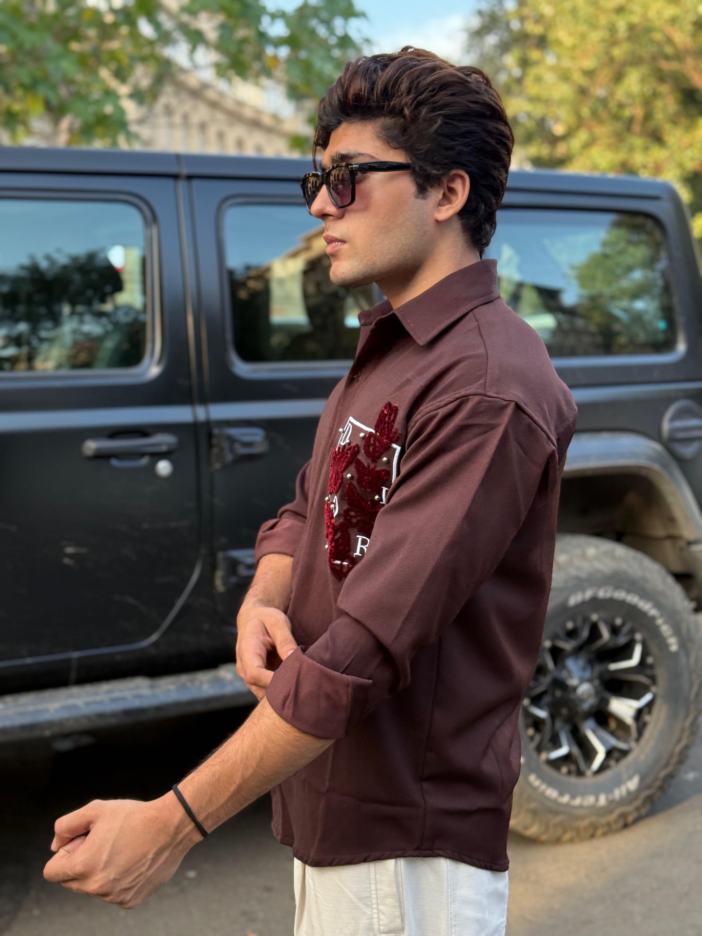 Butterfly Pocket Embroidery Brown Regular Fit Shirt