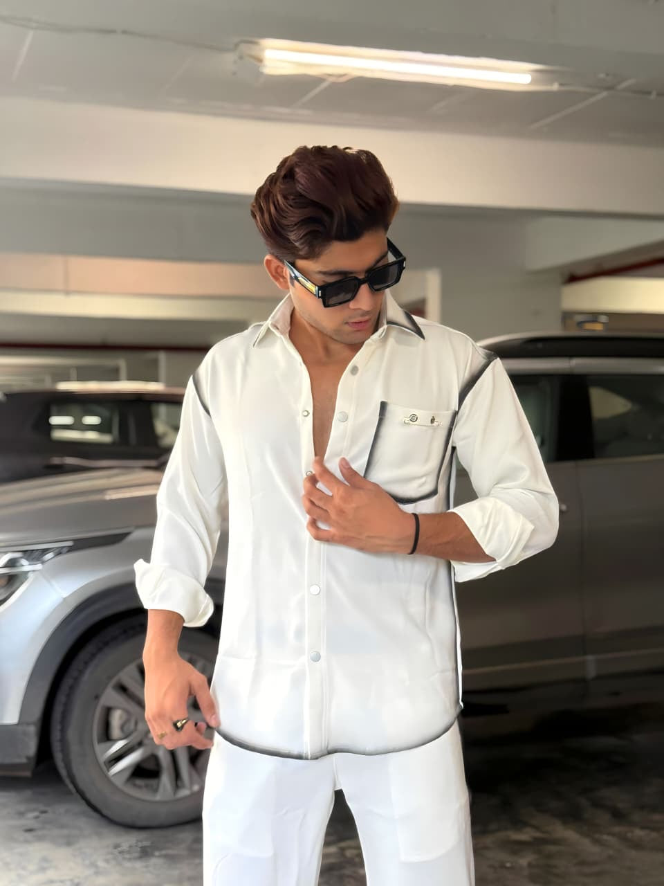 White Washed Fabric Regular Fit Cord Set (Shirt + Pant)