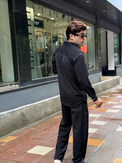 Black Washed Fabric Regular Fit Cord Set (Shirt + Pant)