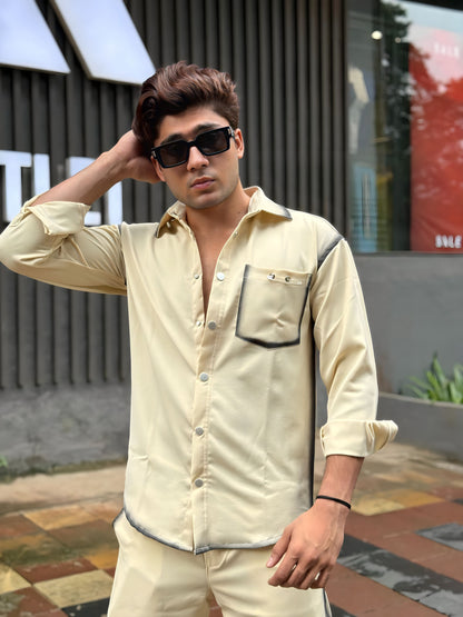 Creme Washed Fabric Regular Fit Cord Set (Shirt + Pant)
