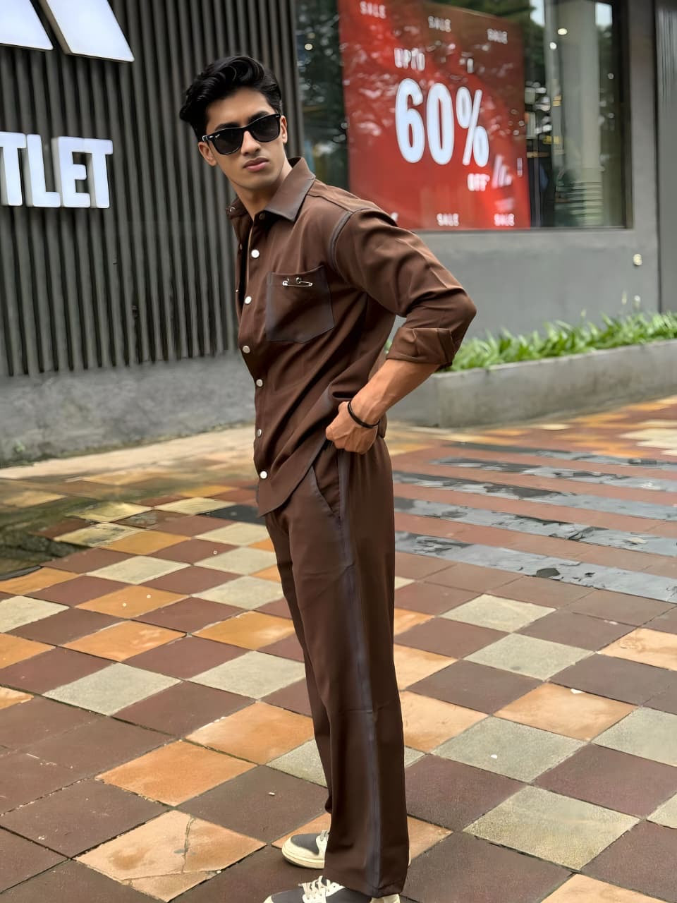 Brown Washed Fabric Regular Fit Cord Set (Shirt + Pant)