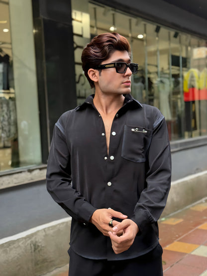 Black Washed Fabric Regular Fit Cord Set (Shirt + Pant)