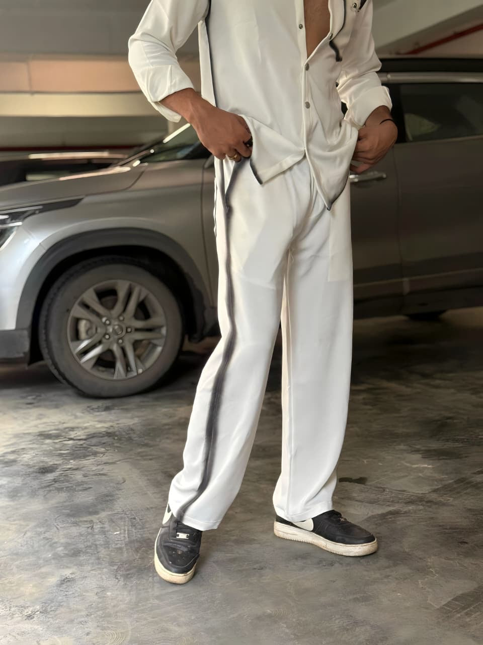 White Washed Fabric Regular Fit Cord Set (Shirt + Pant)