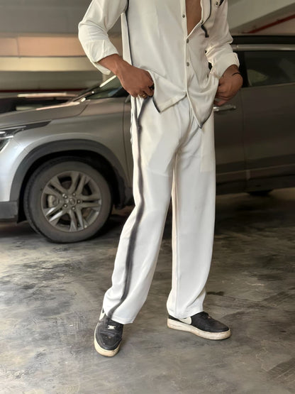White Washed Fabric Regular Fit Cord Set (Shirt + Pant)