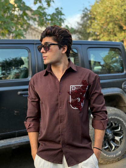 Butterfly Pocket Embroidery Brown Regular Fit Shirt