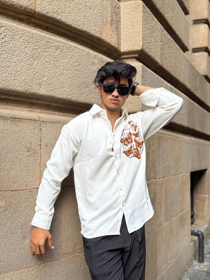Butterfly Pocket Embroidery Off White Regular Fit Shirt