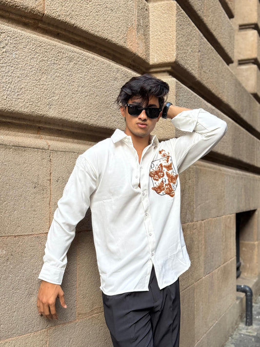 Butterfly Pocket Embroidery Off White Regular Fit Shirt