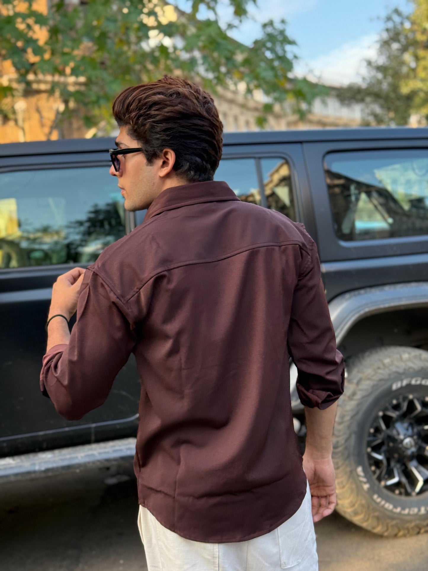 Butterfly Pocket Embroidery Brown Regular Fit Shirt