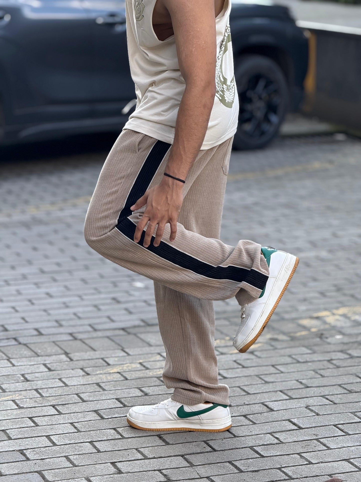Beige Contrast Tape Baggy Trackpant
