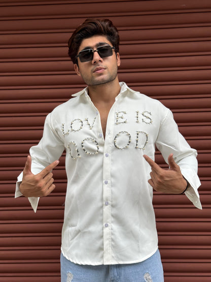 LOVE IS GOOD studded White Regular Fit Shirt
