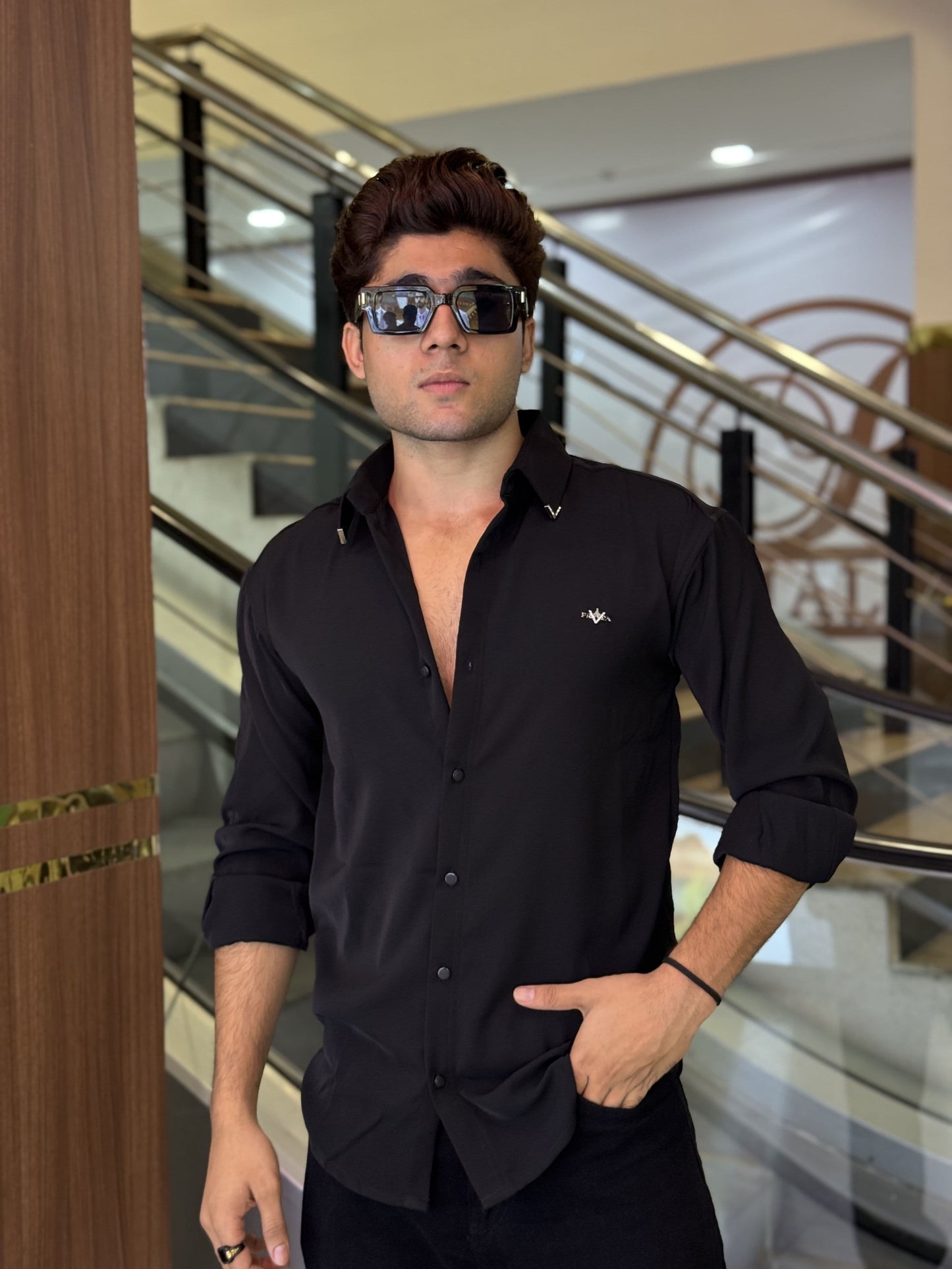 Black Plain Korean Fabric Regular Fit Shirt