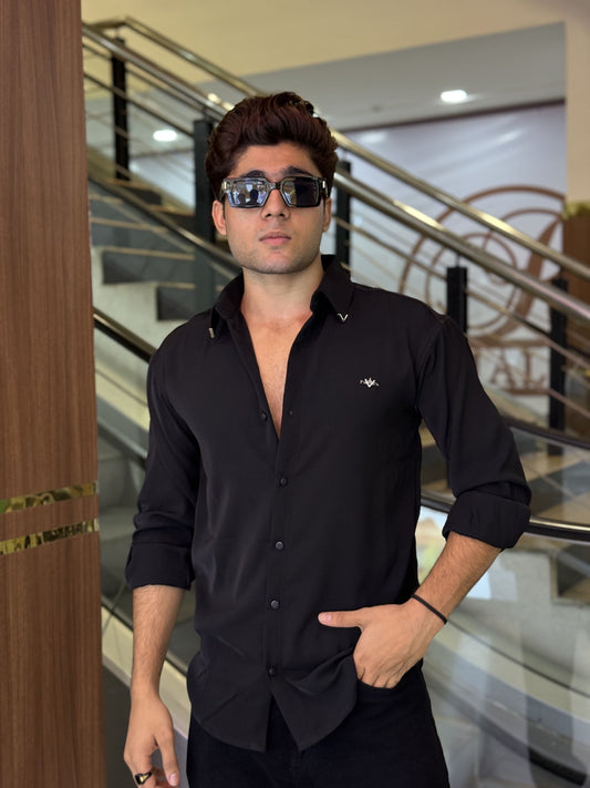 Black Plain Korean Fabric Regular Fit Shirt