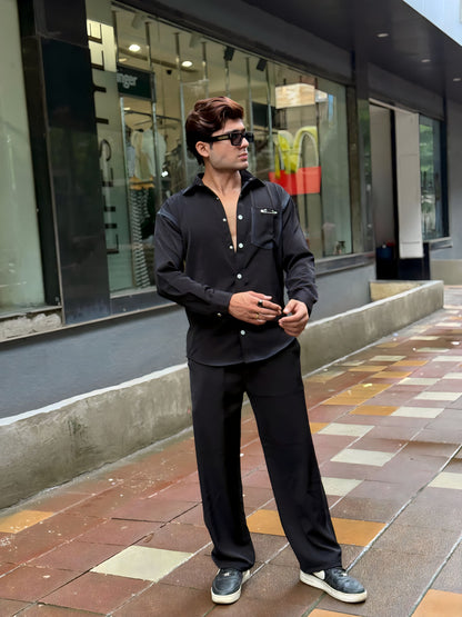 Black Washed Fabric Regular Fit Cord Set (Shirt + Pant)