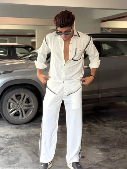 White Washed Fabric Regular Fit Cord Set (Shirt + Pant)