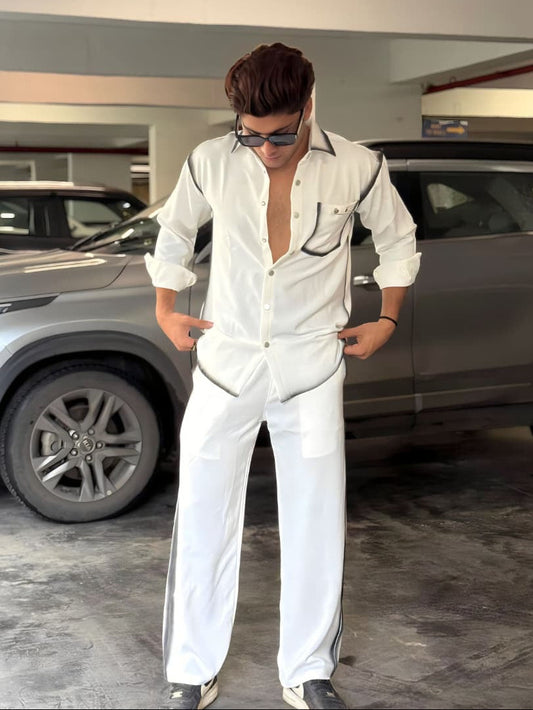 White Washed Fabric Regular Fit Cord Set (Shirt + Pant)