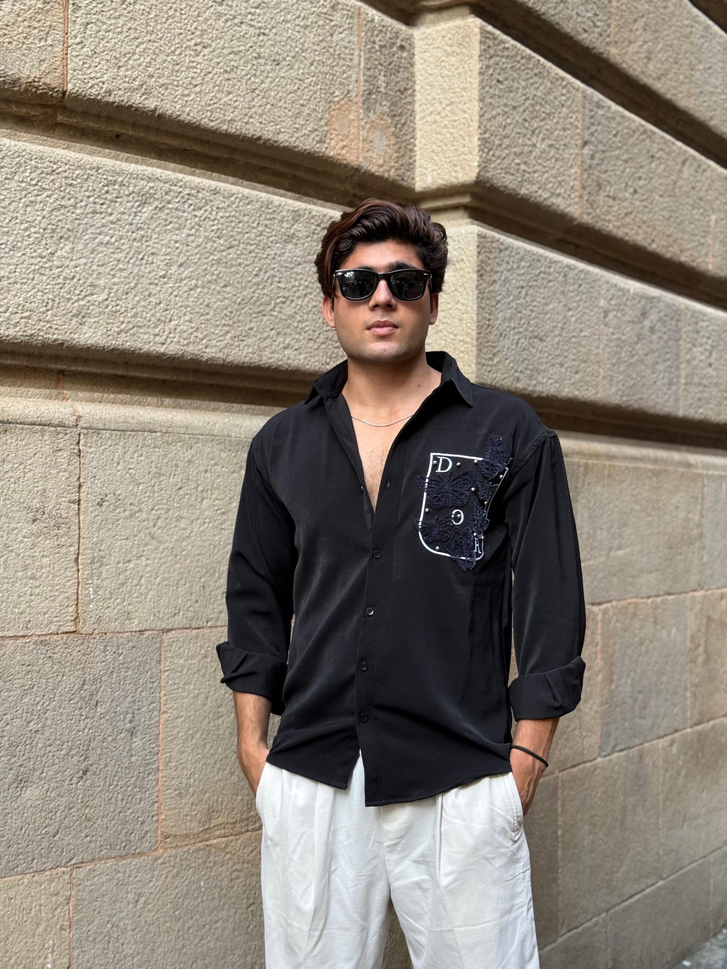 Butterfly Pocket Embroidery Black Regular Fit Shirt