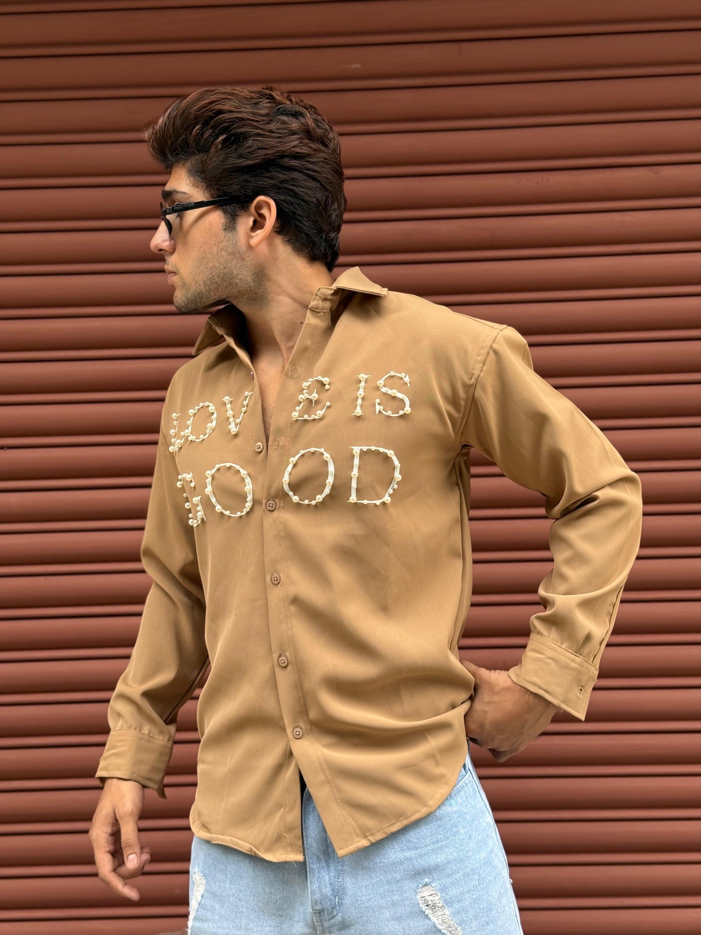 LOVE IS GOOD studded Beige Regular Fit Shirt